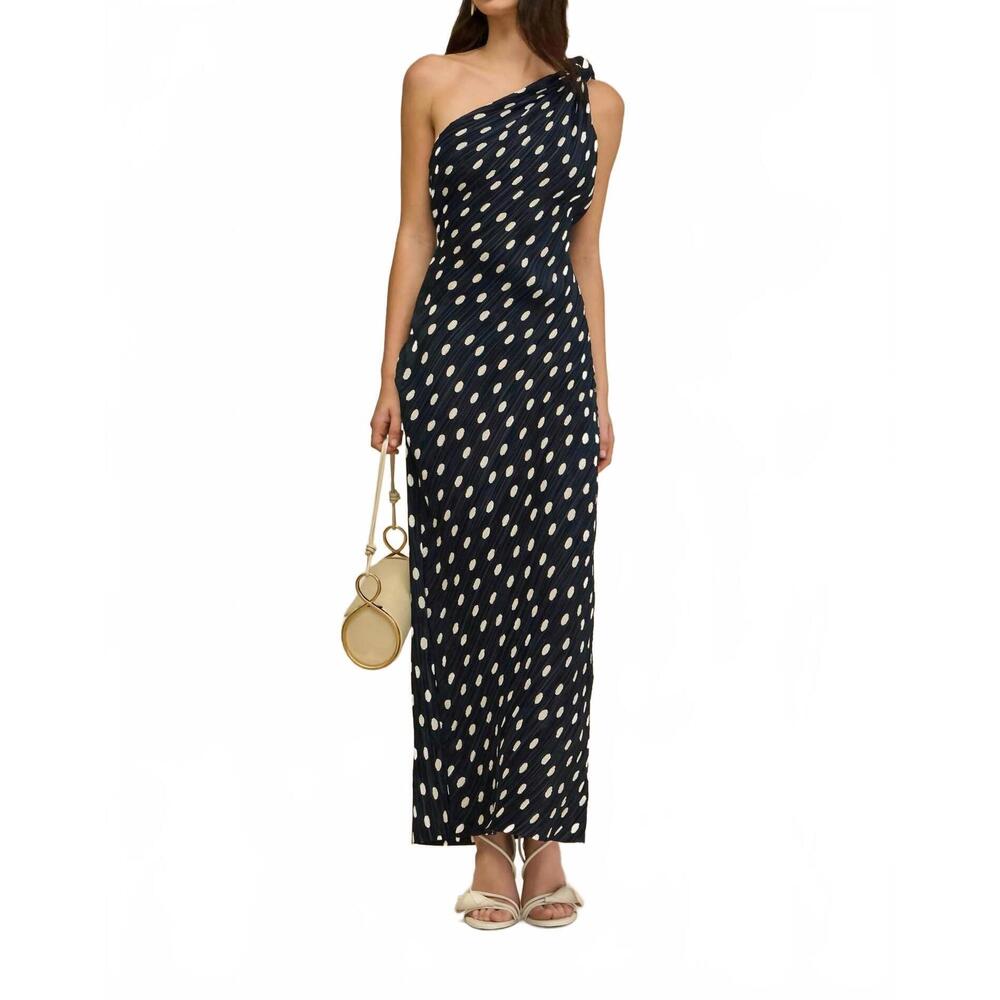 cult gaia Navy One-Shoulder Maxi Dress with Cream Dot Print